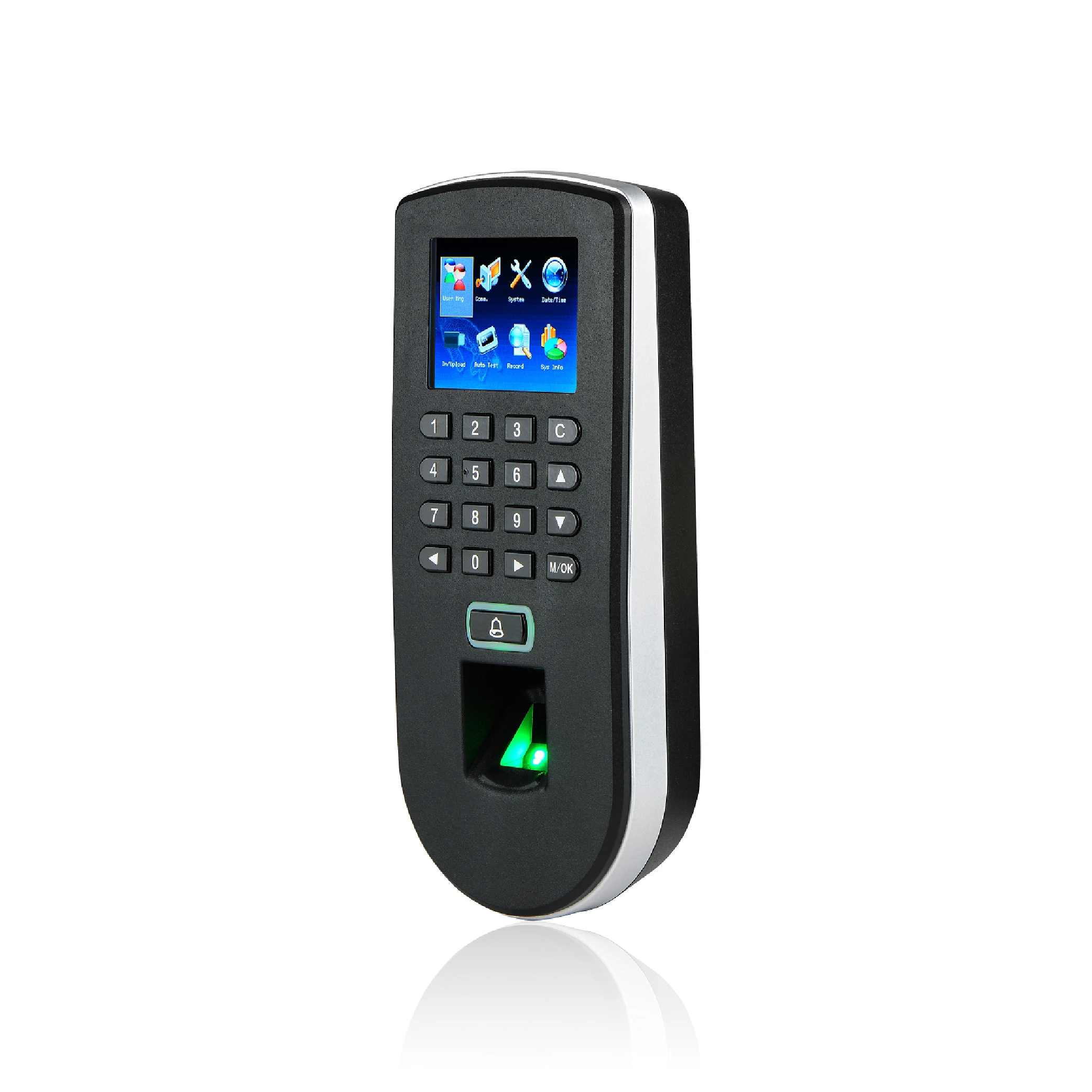 Terminal de control de acceso standalone con pantalla. huella/clave/tarjeta id. uso interior. F19